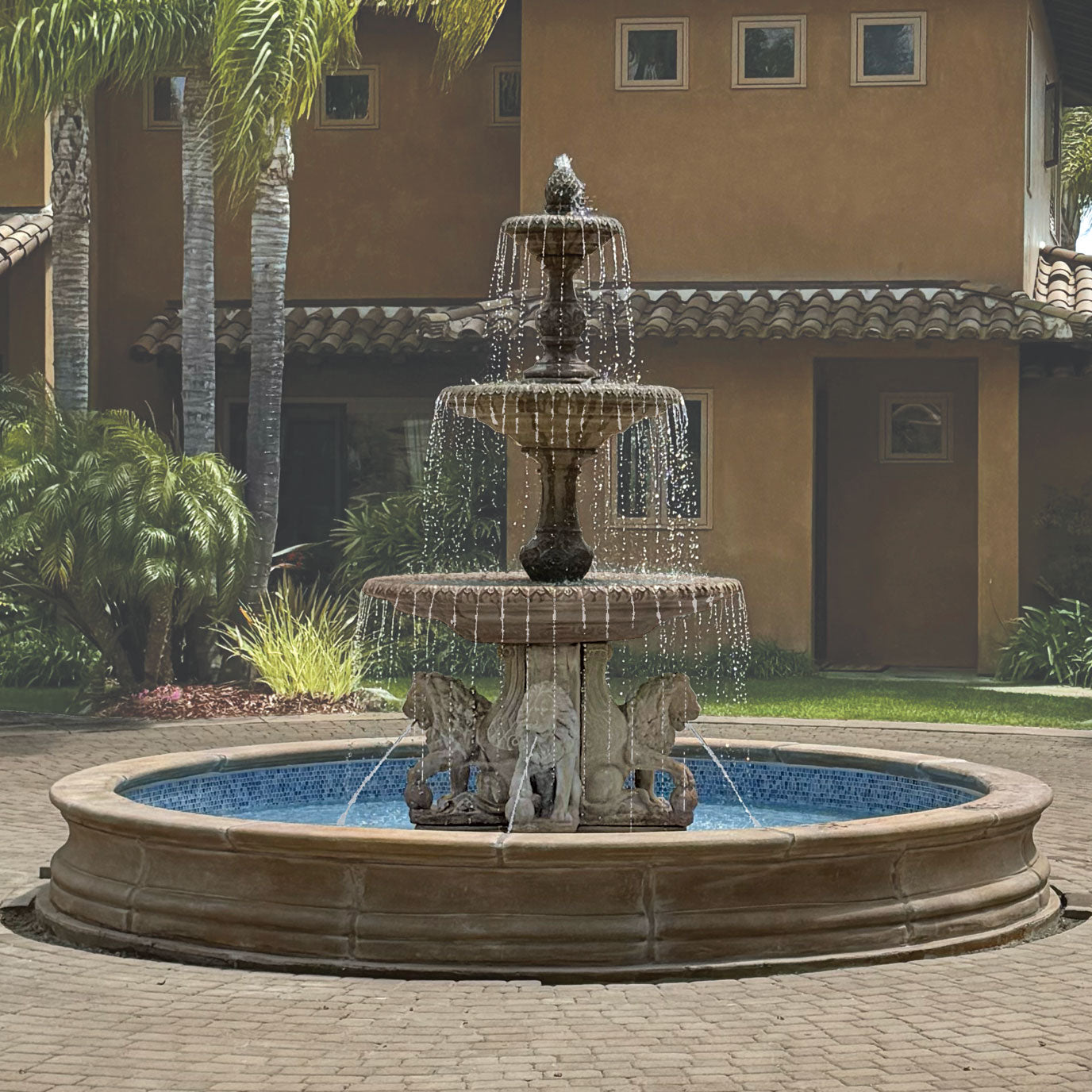 Four Seasons Fountain with Lion Base Pedestals and 12' Pond