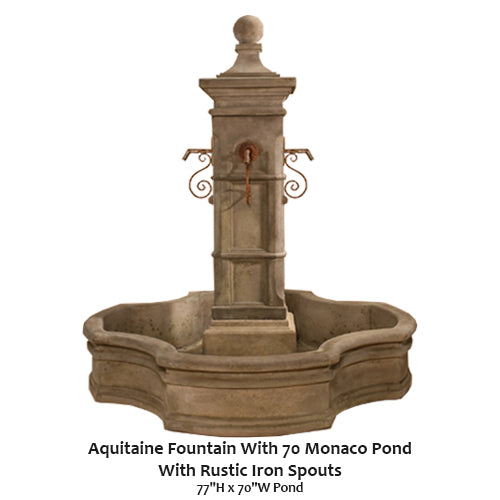 Aquitaine Fountain With 70" Monaco Pond With Rustic Iron Spouts