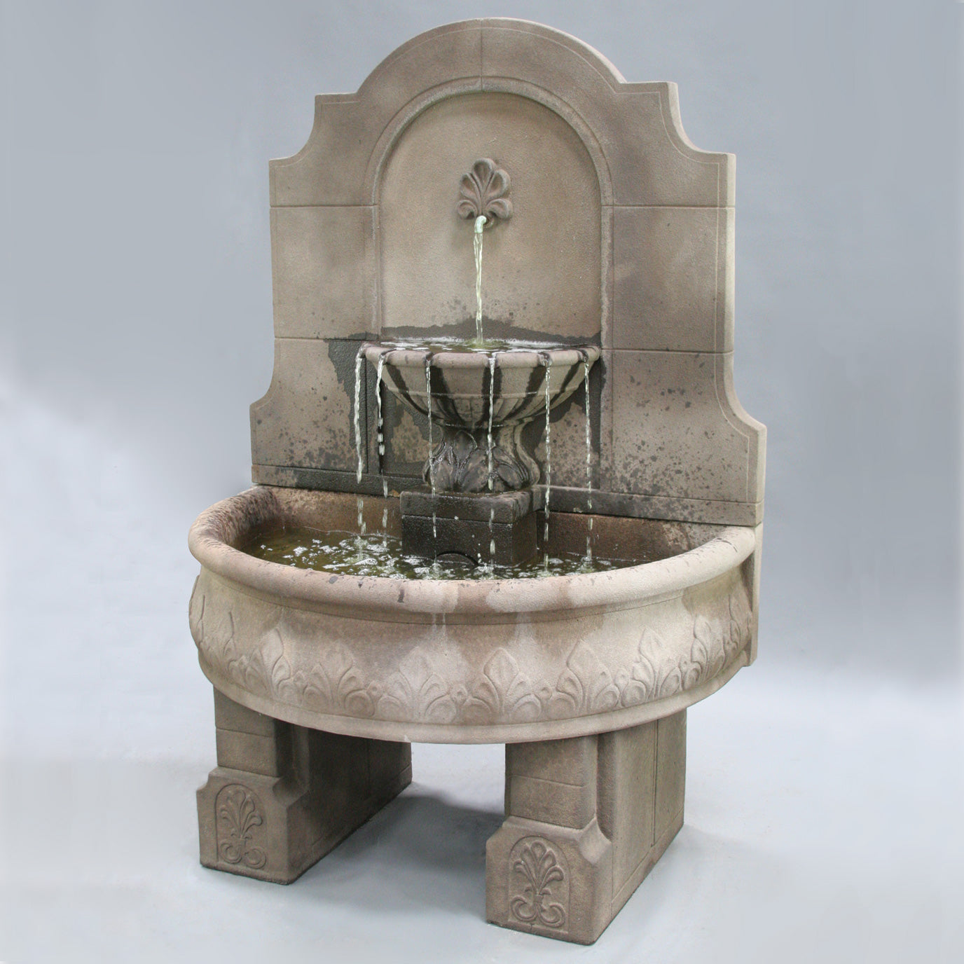 Provincial Cast Stone Wall Outdoor Fountain With Pedestals