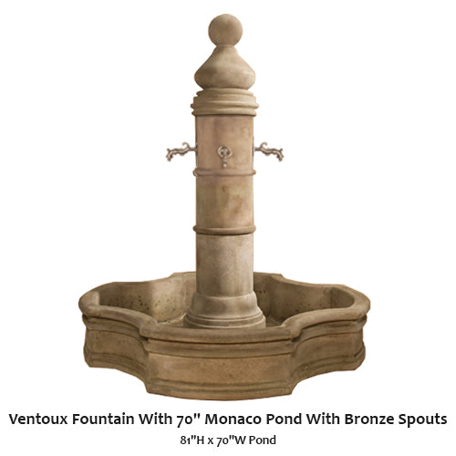 Ventoux Fountain With 70' Monaco Pond with Bronze Spouts