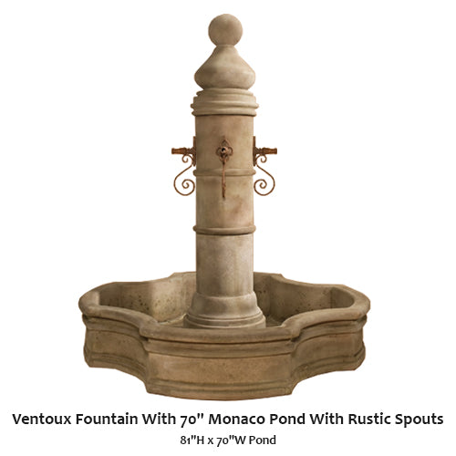 Ventoux Fountain With 70' Monaco Pond with Rustic Spouts